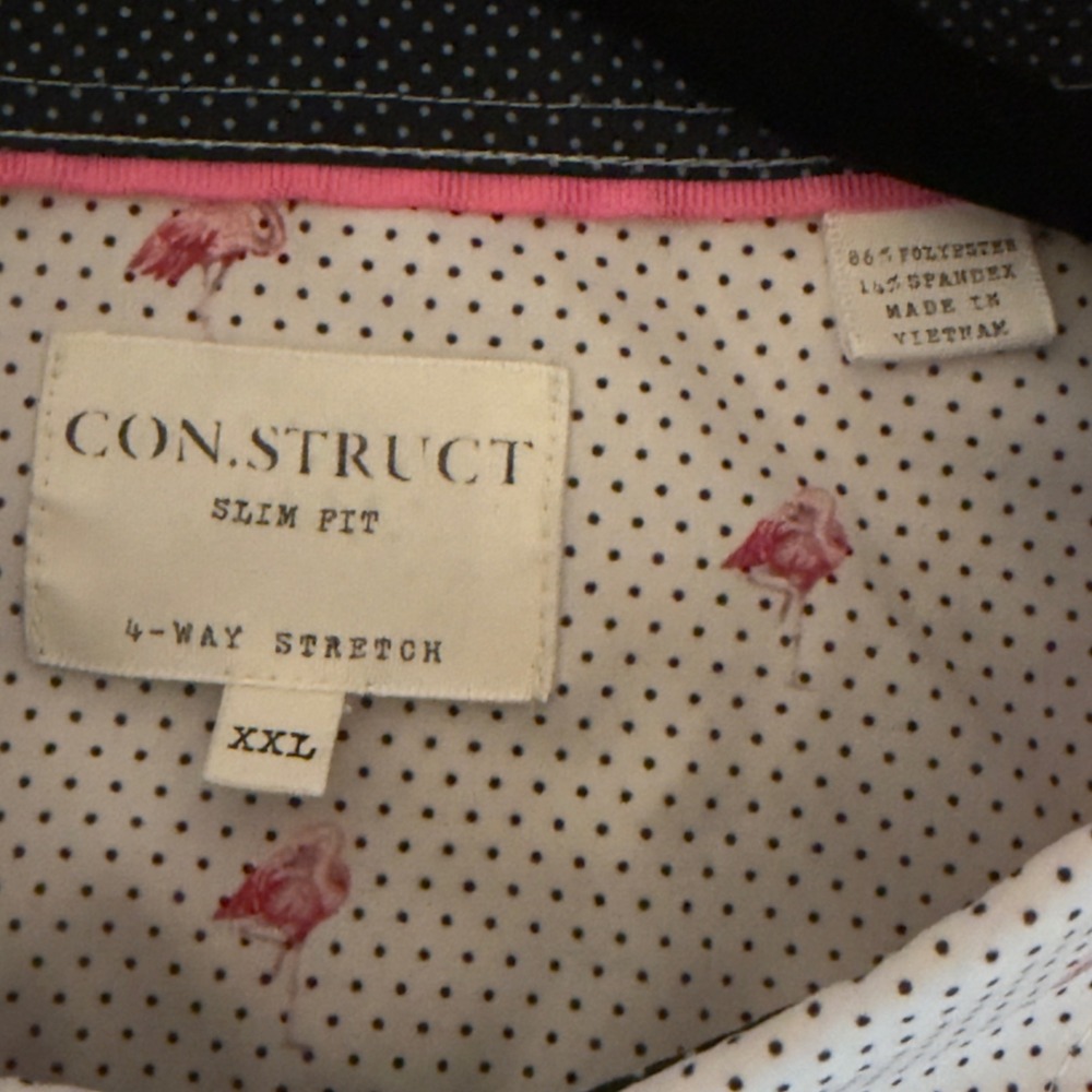 Construct Mens XXL Slim Fit Flamingo Polka Dot Short Sleeve Stretch Shirt White - Picture 5 of 6